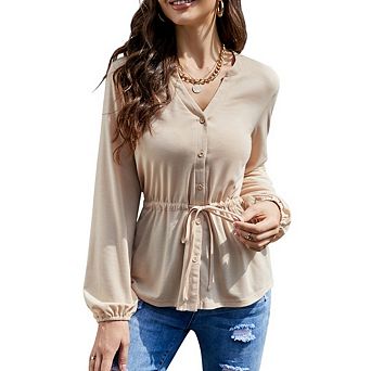 Womens V Neck Long Sleeve Blouse Business Dressy Casual Button Down Shirts Waist Tie Tops
