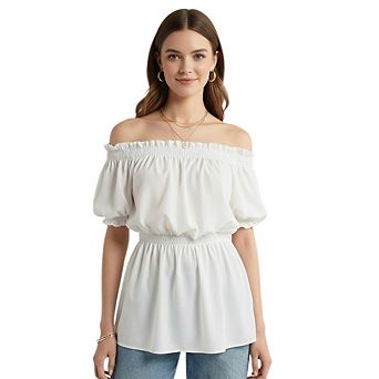 Womens Off The Shoulder Peplum Tops Short Sleeve Smocked Ruffle Sleeve Dressy Summer Flowy Blouses