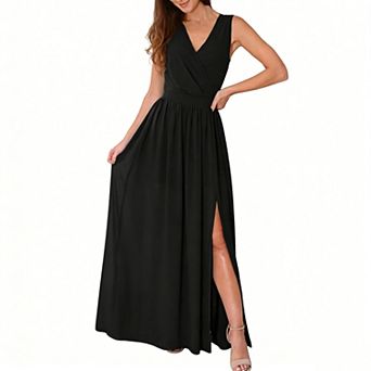 Women's V-Neck Maxi Dress Sleeveless Wrap Bodice Waist Gathering Side Slit Flowy for Formal Party