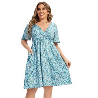 Women's Plus Size Floral Midi Dress Wrap V Neck Ruffle Short Sleeve A Line Casual Dress