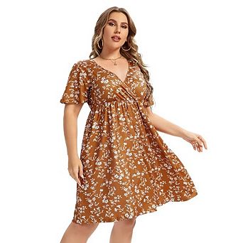 Women's Plus Size Floral Midi Dress Wrap V Neck Ruffle Short Sleeve A Line Casual Dress