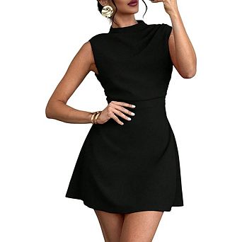 Women's Sleeveless Mock Neck Mini Dress Elegant Ruched A Line Short Dresses Party