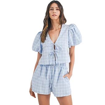 Women's Two Piece Plaid Sets V Neck Puff Sleeve Tie Front Blouse Top High Waist Shorts Casual Set