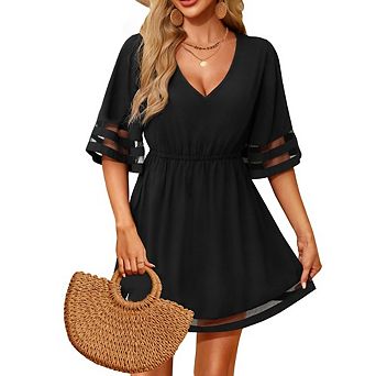 Womens V Neck Dress Short Sleeve Mesh Ruffle Hem Beach Vacation Casual Sundress Summer Dresses
