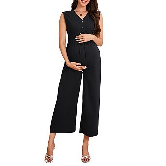 Women's Maternity Casual Sleeveless Jumpsuits Button Front V Neck One Piece Long Pants Romper
