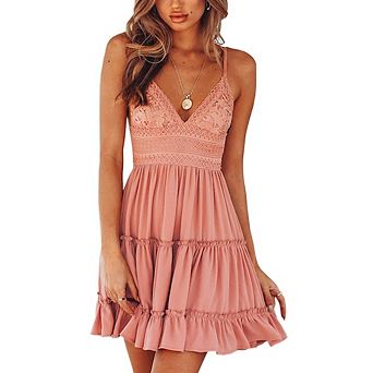 Womens V-Neck Lace Trim Mini Dress Spaghetti Straps Ruffle Hem Tiered for Casual Vacation Wear