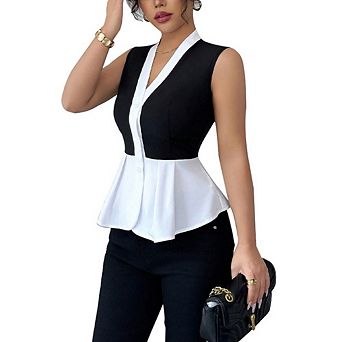 Women's Sleeveless Office Blouse Casual Dressy V Neck Color Block Peplum Hem Top
