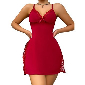 Women's Lace Trim Side Slit Cami Sleep Dress Loungewear Night Gowns