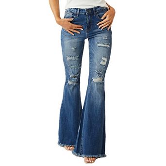 Women's Bell Bottom Jeans Flared Ripped Stretchy Mid Rise Cut Out Distressed Denim Bootcut Jeans