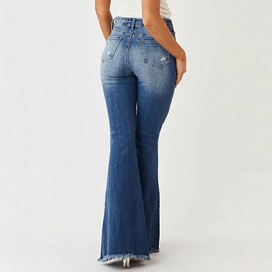 Women's Bell Bottom Jeans Flared Ripped Stretchy Mid Rise Cut Out Distressed Denim Bootcut Jeans