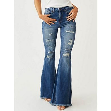 Women's Bell Bottom Jeans Flared Ripped Stretchy Mid Rise Cut Out Distressed Denim Bootcut Jeans