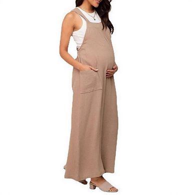 Womens Maternity Casual Loose Jumpsuits Boho Wide Leg Rompers Sleeveless Overalls with Pockets