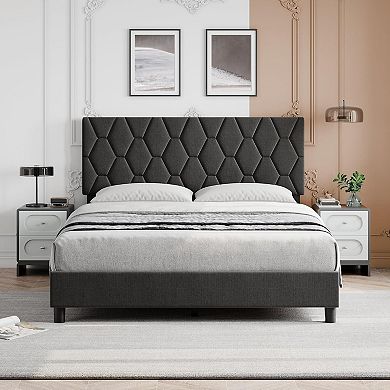 Bed Frame, Upholstered Adjustable Headboard with Diamond Tufting, Soft Fabric Upholstery