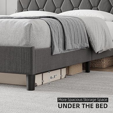 Bed Frame, Upholstered Adjustable Headboard with Diamond Tufting, Soft Fabric Upholstery