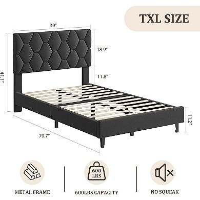 Bed Frame, Upholstered Adjustable Headboard with Diamond Tufting, Soft Fabric Upholstery