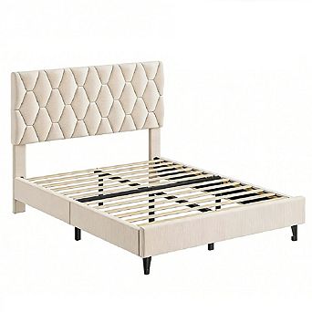 Bed Frame, Upholstered Adjustable Headboard with Diamond Tufting, Soft Fabric Upholstery
