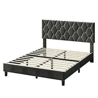 Bed Frame, Upholstered Adjustable Headboard with Diamond Tufting, Soft Fabric Upholstery