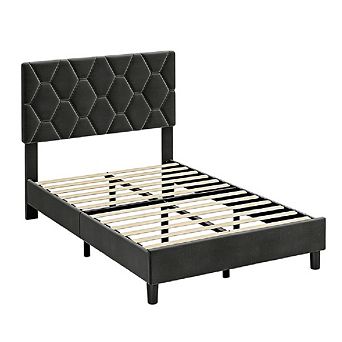 Bed Frame, Upholstered Adjustable Headboard with Diamond Tufting, Soft Fabric Upholstery