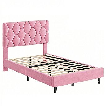 Bed Frame, Upholstered Adjustable Headboard with Diamond Tufting, Soft Fabric Upholstery