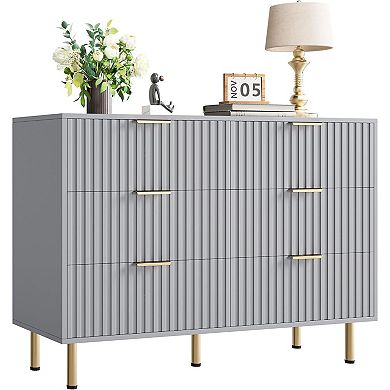 Modern Dresser with 6 Drawers, Fluted Design Storage Organizer with Metal Handles and Legs