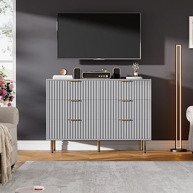 Modern Dresser with 6 Drawers, Fluted Design Storage Organizer with Metal Handles and Legs