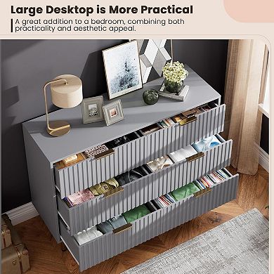 Modern Dresser with 6 Drawers, Fluted Design Storage Organizer with Metal Handles and Legs
