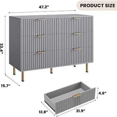 Modern Dresser with 6 Drawers, Fluted Design Storage Organizer with Metal Handles and Legs