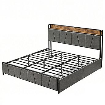 Upholstered Platform Bed Frame with Storage Headboard, 2 Built-in Drawers and USB Charging Station