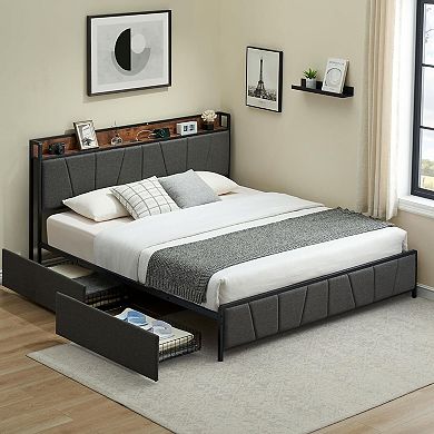 Upholstered Platform Bed Frame with Storage Headboard, 2 Built-in Drawers and USB Charging Station
