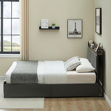 Upholstered Platform Bed Frame with Storage Headboard, 2 Built-in Drawers and USB Charging Station