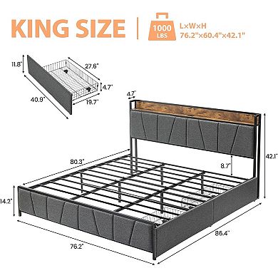 Upholstered Platform Bed Frame with Storage Headboard, 2 Built-in Drawers and USB Charging Station
