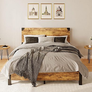 Platform Bed Frame with Wooden Headboard, Under-Bed Storage & Metal Legs, Noise-Free