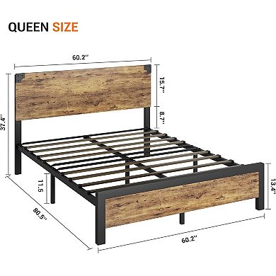 Platform Bed Frame with Wooden Headboard, Under-Bed Storage & Metal Legs, Noise-Free
