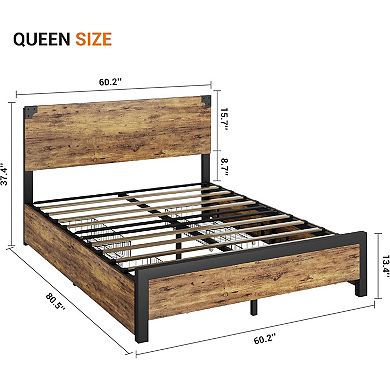 Platform Bed Frame with Wooden Headboard, Under-Bed Storage & Metal Legs, Noise-Free