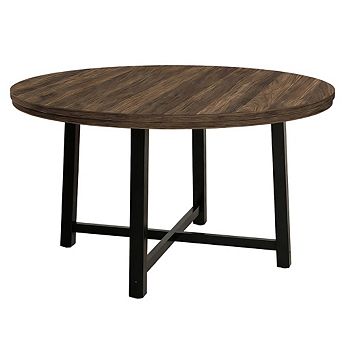 Industrial Round Dining Table for 4-6, Farmhouse Style with Sturdy Metal Frame & Natural Wooden Top