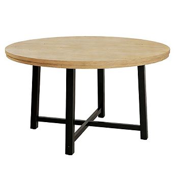 Industrial Round Dining Table for 4-6, Farmhouse Style with Sturdy Metal Frame & Natural Wooden Top