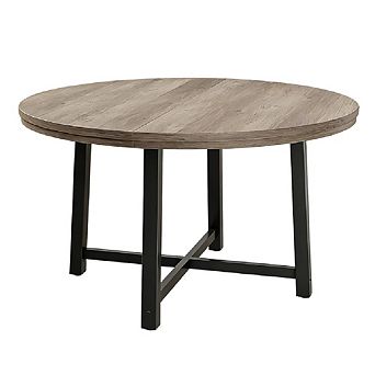 Industrial Round Dining Table for 4-6, Farmhouse Style with Sturdy Metal Frame & Natural Wooden Top