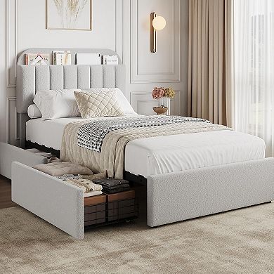 Boucle Upholstered Platform Bed Frame with Bookcase Headboard & 2 Drawers, Kids/Girls Bedframe