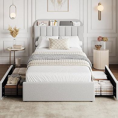 Boucle Upholstered Platform Bed Frame with Bookcase Headboard & 2 Drawers, Kids/Girls Bedframe