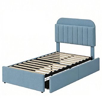 Boucle Upholstered Platform Bed Frame with Bookcase Headboard & 2 Drawers, Kids/Girls Bedframe