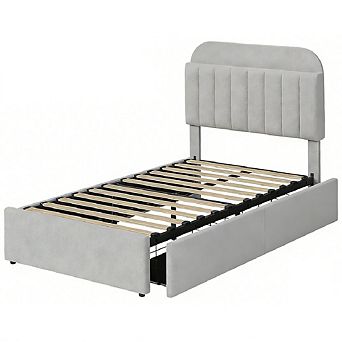 Boucle Upholstered Platform Bed Frame with Bookcase Headboard & 2 Drawers, Kids/Girls Bedframe