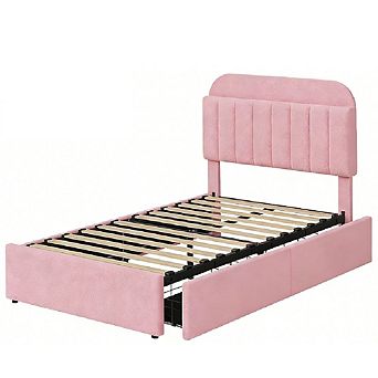 Boucle Upholstered Platform Bed Frame with Bookcase Headboard & 2 Drawers, Kids/Girls Bedframe