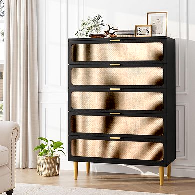 5-Drawer Rattan Dresser, Tall Modern Closet with Deep Storage and Wide Top