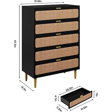 5-Drawer Rattan Dresser, Tall Modern Closet with Deep Storage and Wide Top
