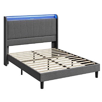 LED Upholstered Platform Bed Frame with Charging Station and Headboard, Under Bed Storage
