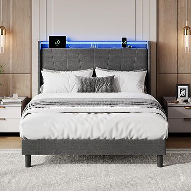 LED Upholstered Platform Bed Frame with Charging Station and Headboard, Under Bed Storage