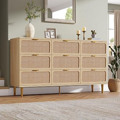 8-Drawer Rattan Dresser, Tall Modern Closet with Deep Storage and Wide Top