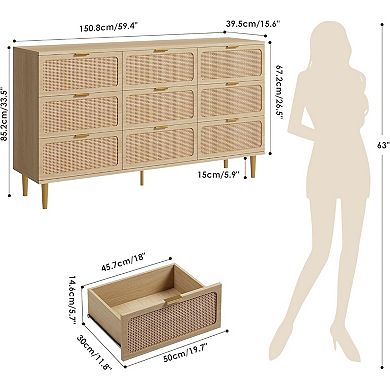 8-Drawer Rattan Dresser, Tall Modern Closet with Deep Storage and Wide Top