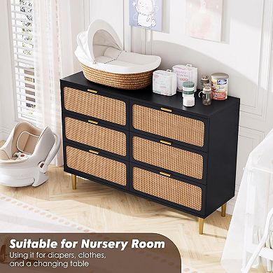 Rattan Dresser with 6 Drawers, Tall Modern Closet with Deep Storage