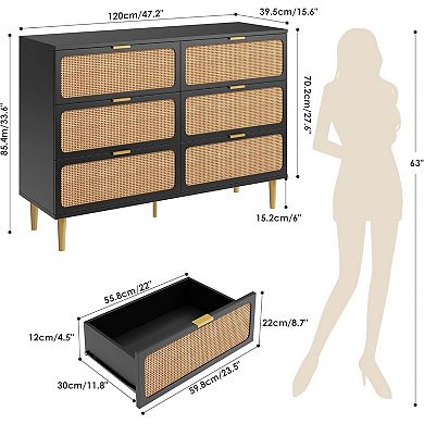 Rattan Dresser with 6 Drawers, Tall Modern Closet with Deep Storage